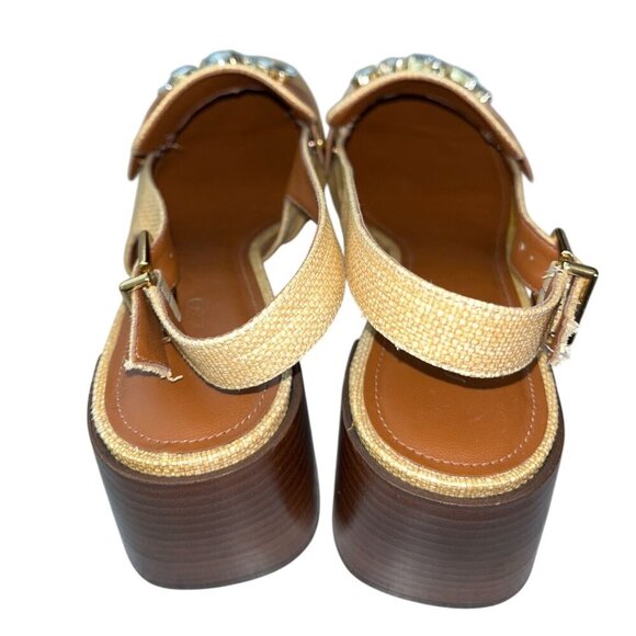 Arezzo Emory Crystal Slingback Pumps Tan Raffia Brown Leather Heels Size 11 - Picture 8 of 16